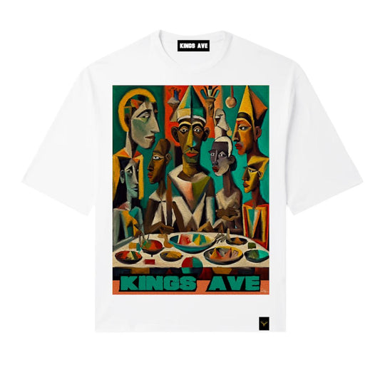 White crew neck t-shirt with vibrant, Afro-Cubist artwork featuring a group of figures and the text 'KINGS AVE'.