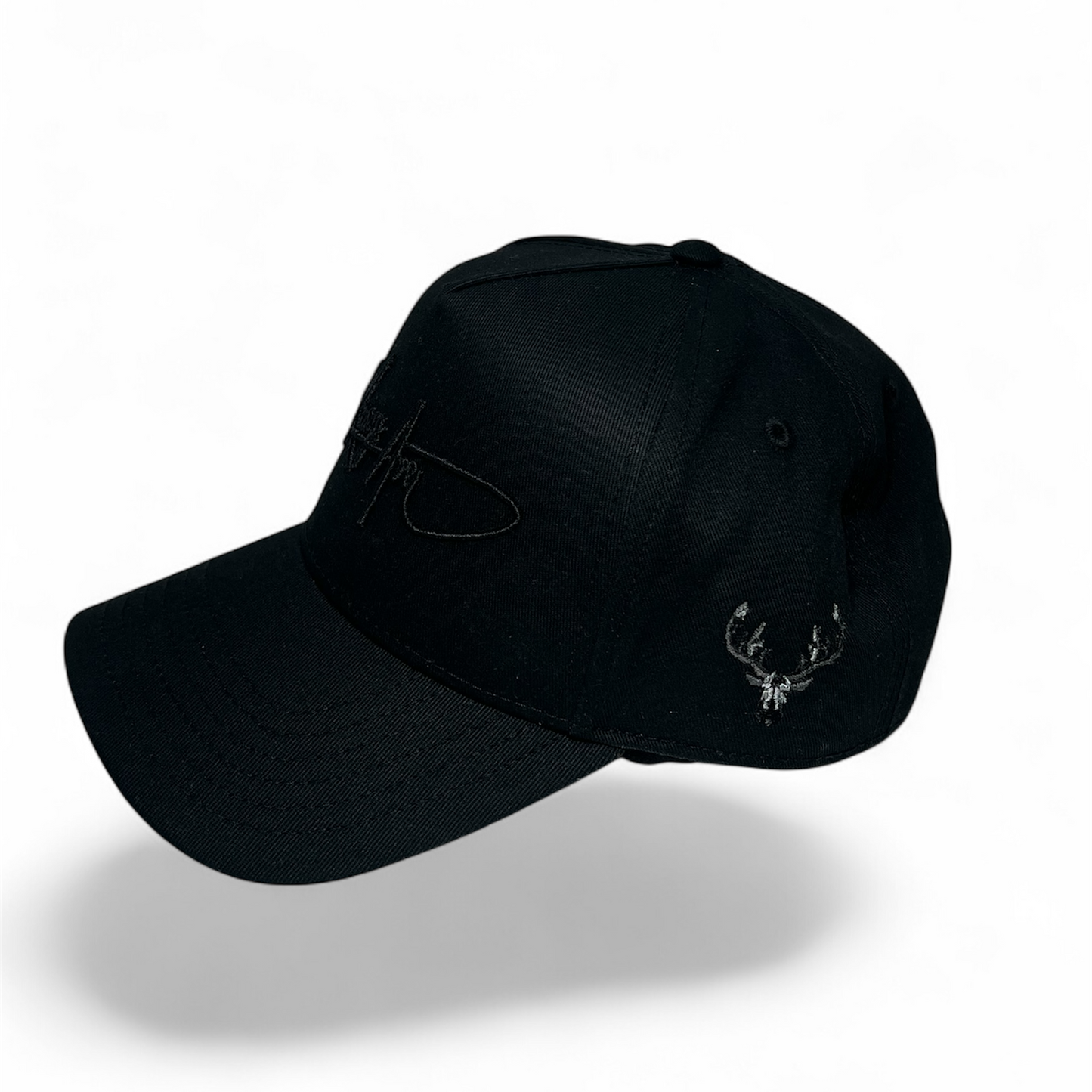 Black cap with a signature logo on a white background